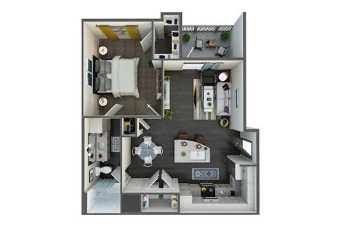 Floor plan for 1 bed, 1 bath, 733 sqft